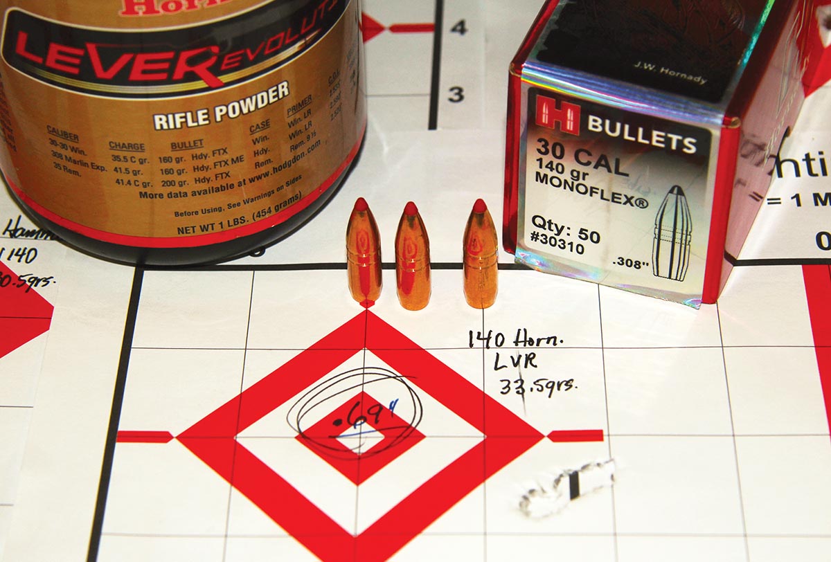 Hornady’s 140-grain MonoFlex bullet and 33.5 grains of Hodgdon LEVERevolution powder produced this .69-inch group at 50 yards. Average muzzle velocity was 2,323 fps, and no pressure signs were observed.